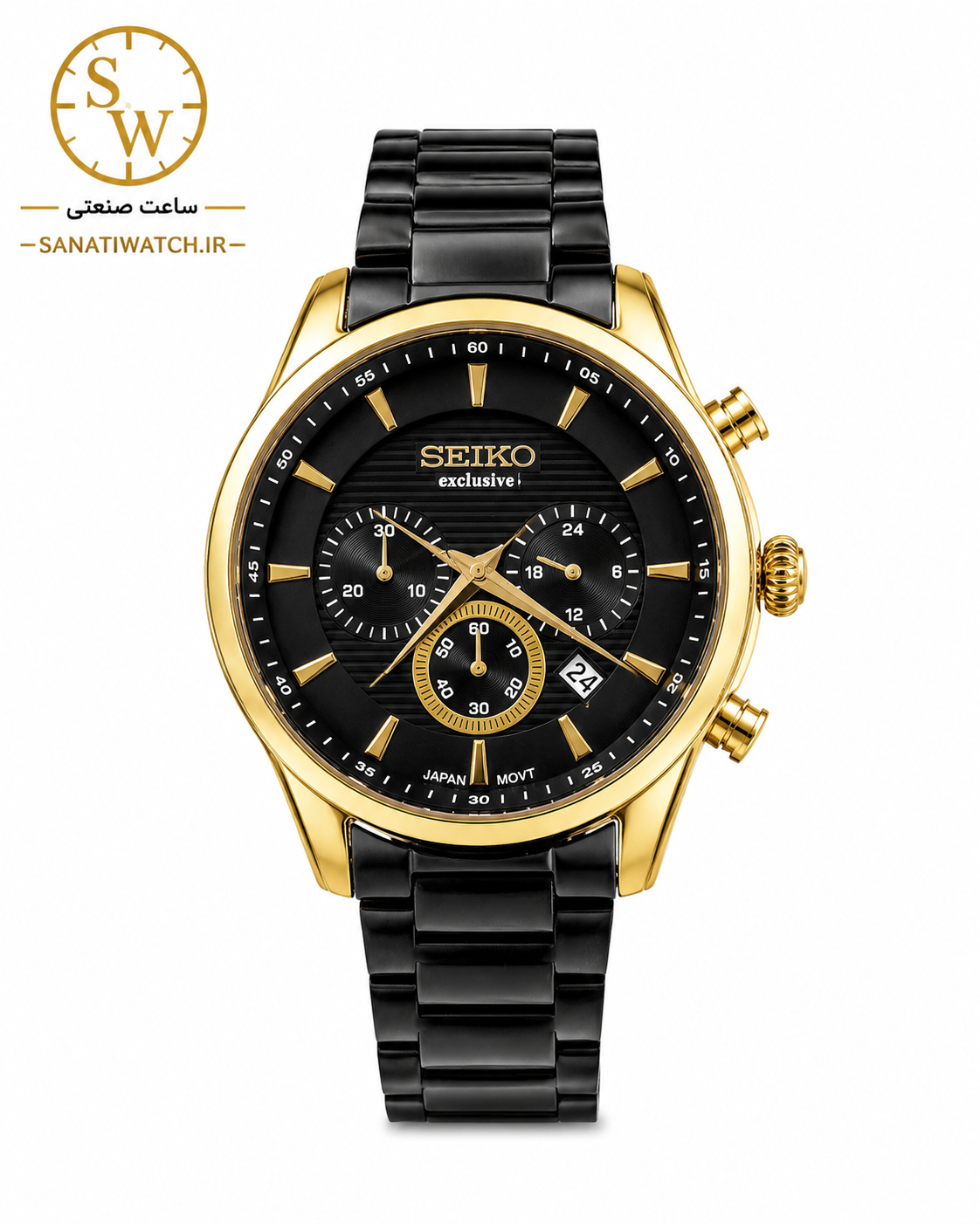ساعت مچی مردانه SEIKO سیکو فلزی سه موتور فعال کورنوگراف بند مشکی قاب طلایی صفحه مشکی کد 3054