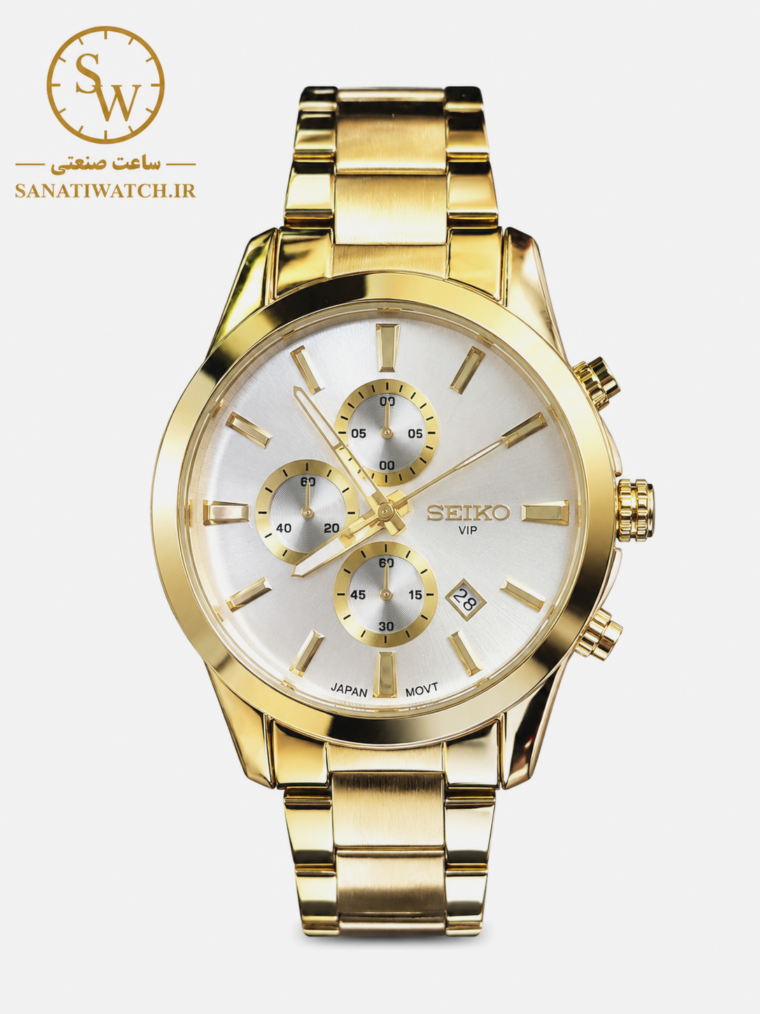 ساعت مچی مردانه SEIKO سیکو فلزی سه موتور فعال کورنوگراف بند طلایی قاب طلایی صفحه استیل دور کد 8018