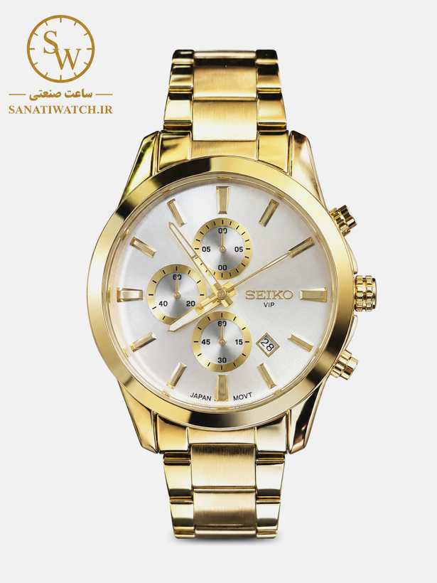 ساعت مچی مردانه SEIKO سیکو فلزی سه موتور فعال کورنوگراف بند طلایی قاب طلایی صفحه استیل دور کد 8018