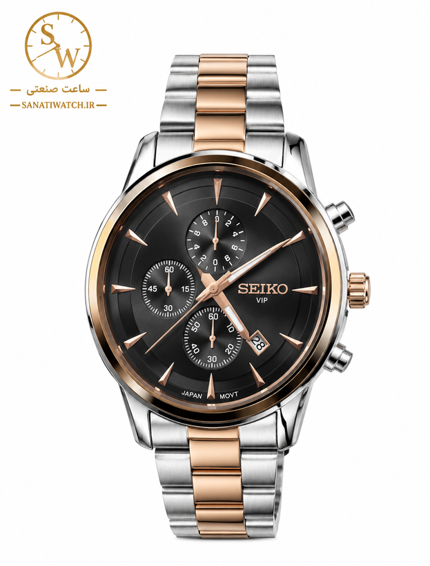 ساعت مچی مردانه SEIKO سیکو فلزی سه موتور فعال کورنوگراف بند رزگلد استیل قاب رزگلد استیل صفحه مشکی دور شیشه آینه ای کد 8012