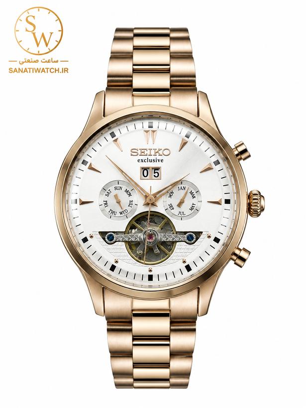 ساعت مچی مردانه SEIKO سیکو فلزی اتوماتیک مکانیکی اسکلتون درب پشت شیشه ای بند رزگلد صفحه استیل کد 3057