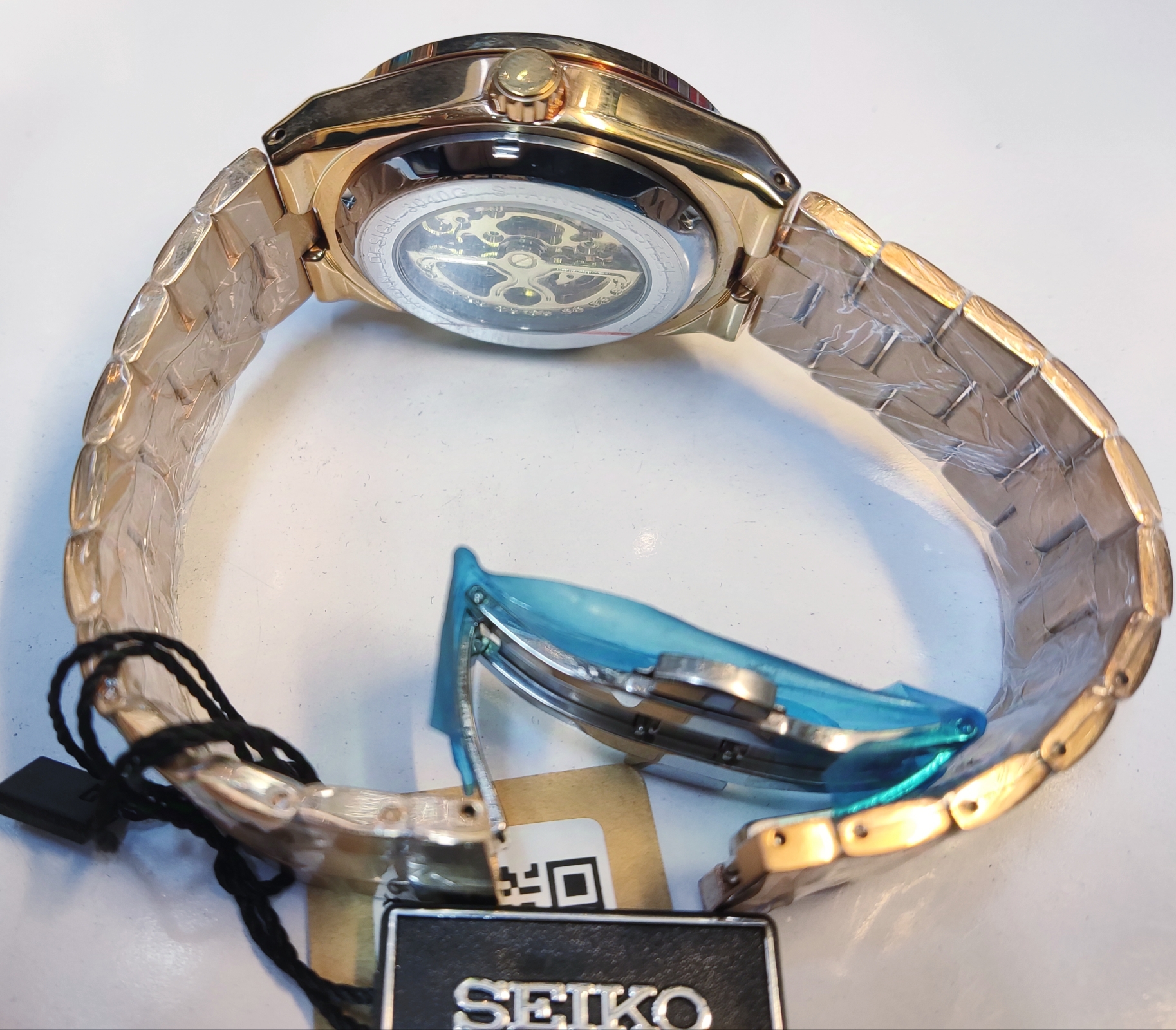 ساعت مچی مردانه SEIKO سیکو فلزی اتوماتیک مکانیکی اسکلتون درب پشت شیشه ای بند رزگلد صفحه استیل کد 3040