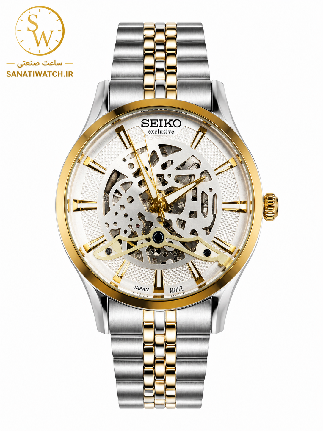 ساعت مچی مردانه SEIKO سیکو فلزی اتوماتیک مکانیکی اسکلتون درب پشت شیشه ای بند و قاب طلایی استیل صفحه استیل کد 3026