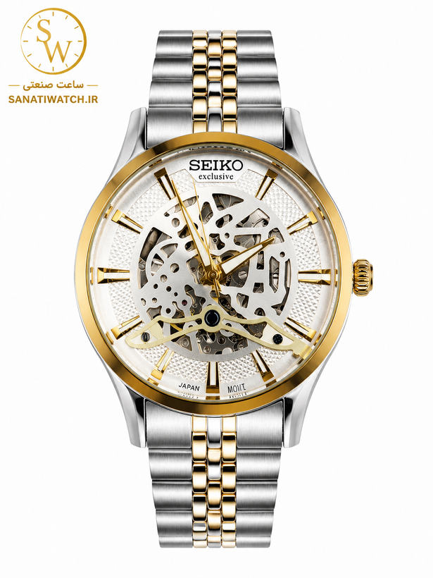 ساعت مچی مردانه SEIKO سیکو فلزی اتوماتیک مکانیکی اسکلتون درب پشت شیشه ای بند و قاب طلایی استیل صفحه استیل کد 3026