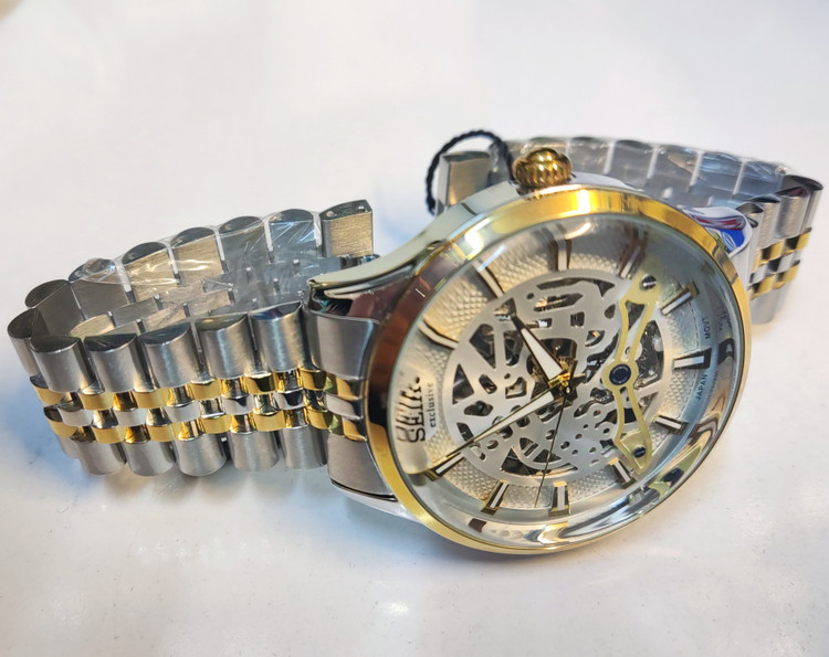ساعت مچی مردانه SEIKO سیکو فلزی اتوماتیک مکانیکی اسکلتون درب پشت شیشه ای بند و قاب طلایی استیل صفحه استیل کد 3026