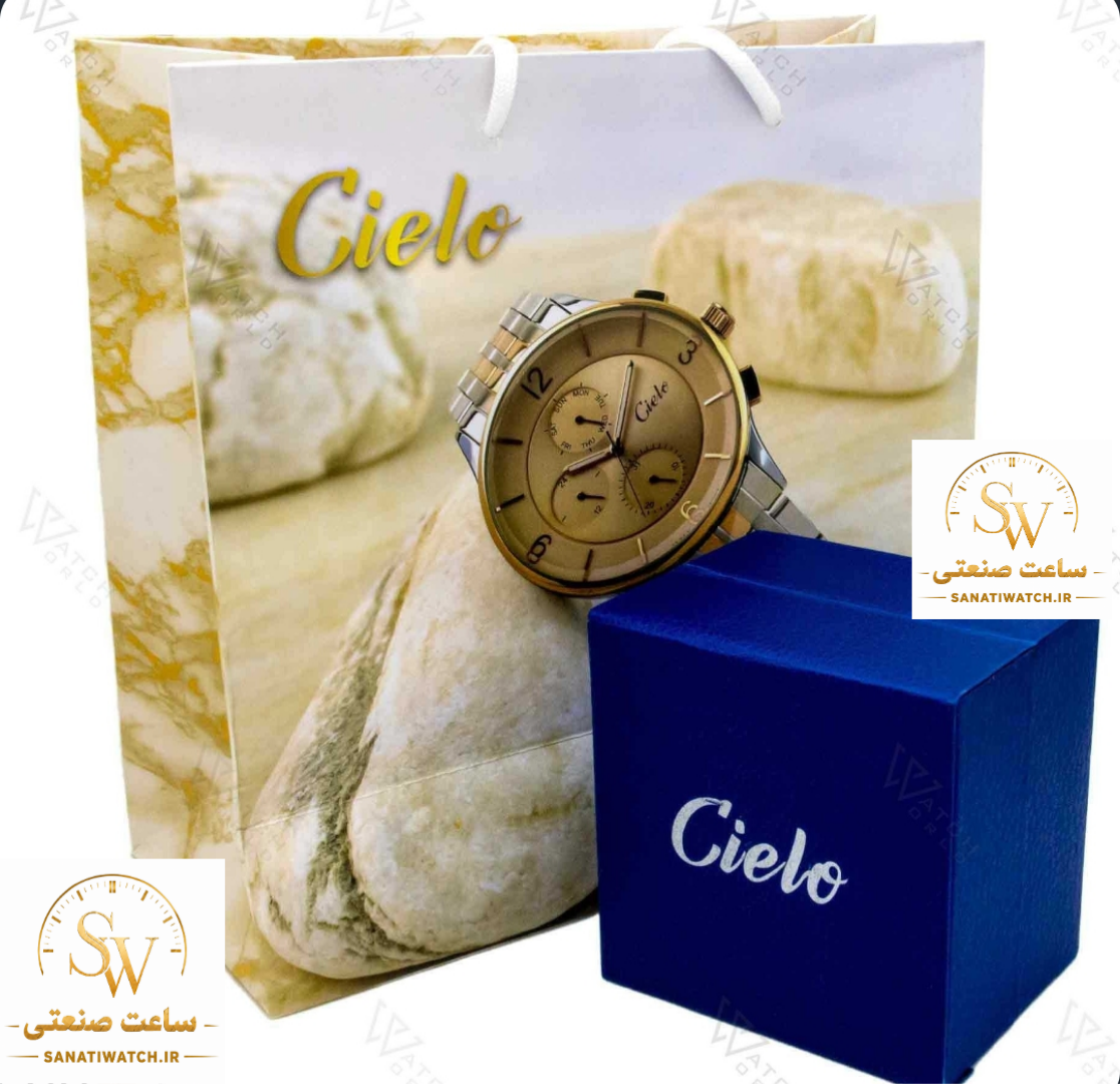ساعت مچی مردانه CIELO سیلو فلزی سه موتور فعال فول تایم قاب و بند استیل طلایی صفحه طوسی شیشه رنگی رزگلد کد 1750