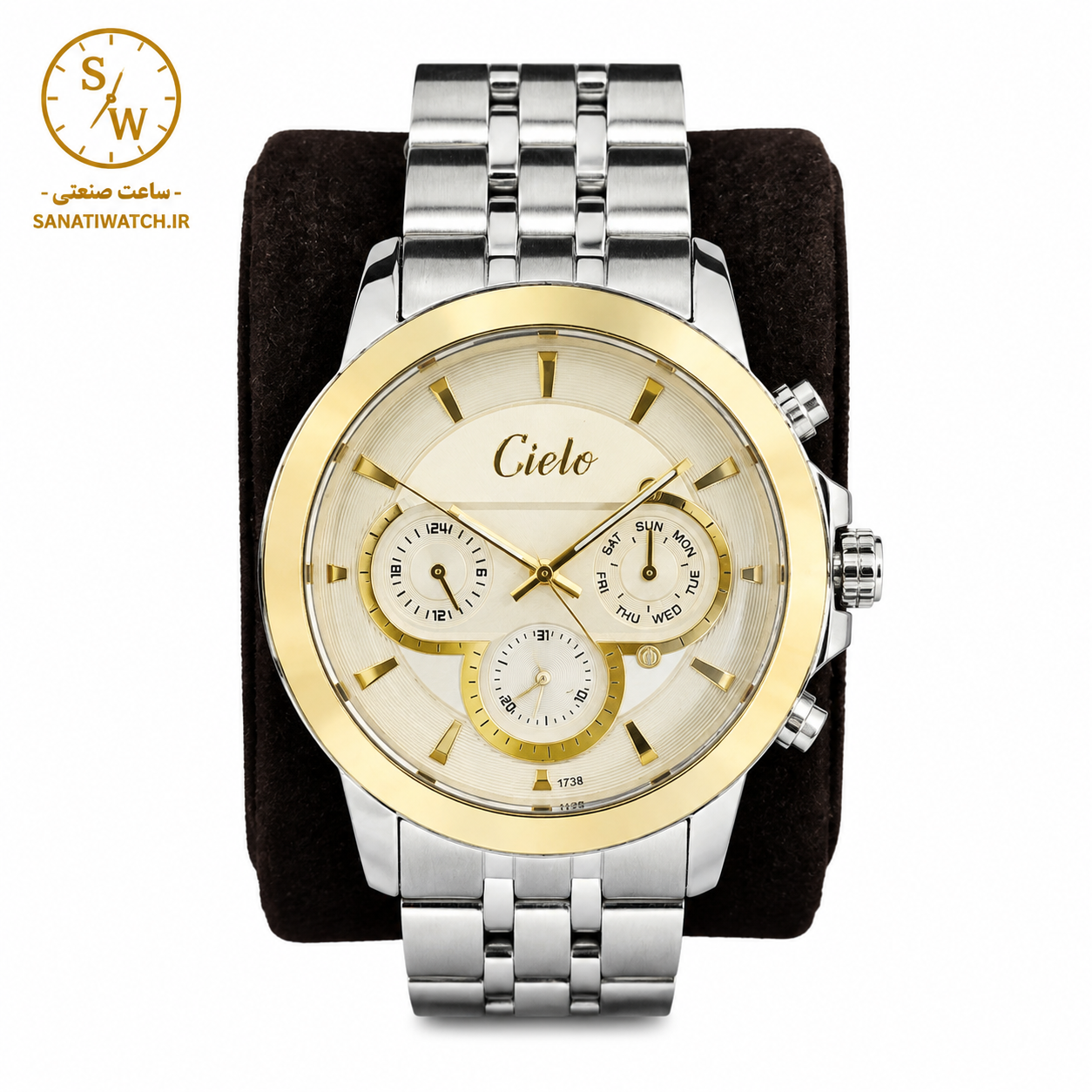 ساعت مچی مردانه CIELO سیلو فلزی سه موتور فعال فول تایم قاب طلایی استیل بند استیل صفحه سفید شیشه رنگی زرد طرح کوکو کد 1738