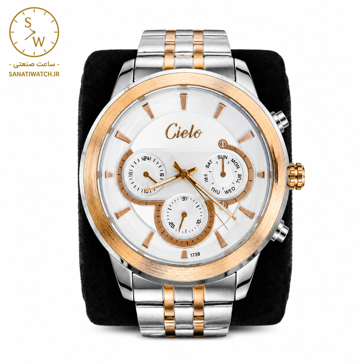 ساعت مچی مردانه CIELO سیلو فلزی سه موتور فعال فول تایم قاب و بند استیل رزگلد صفحه سفید طرح کوکو کد 1738