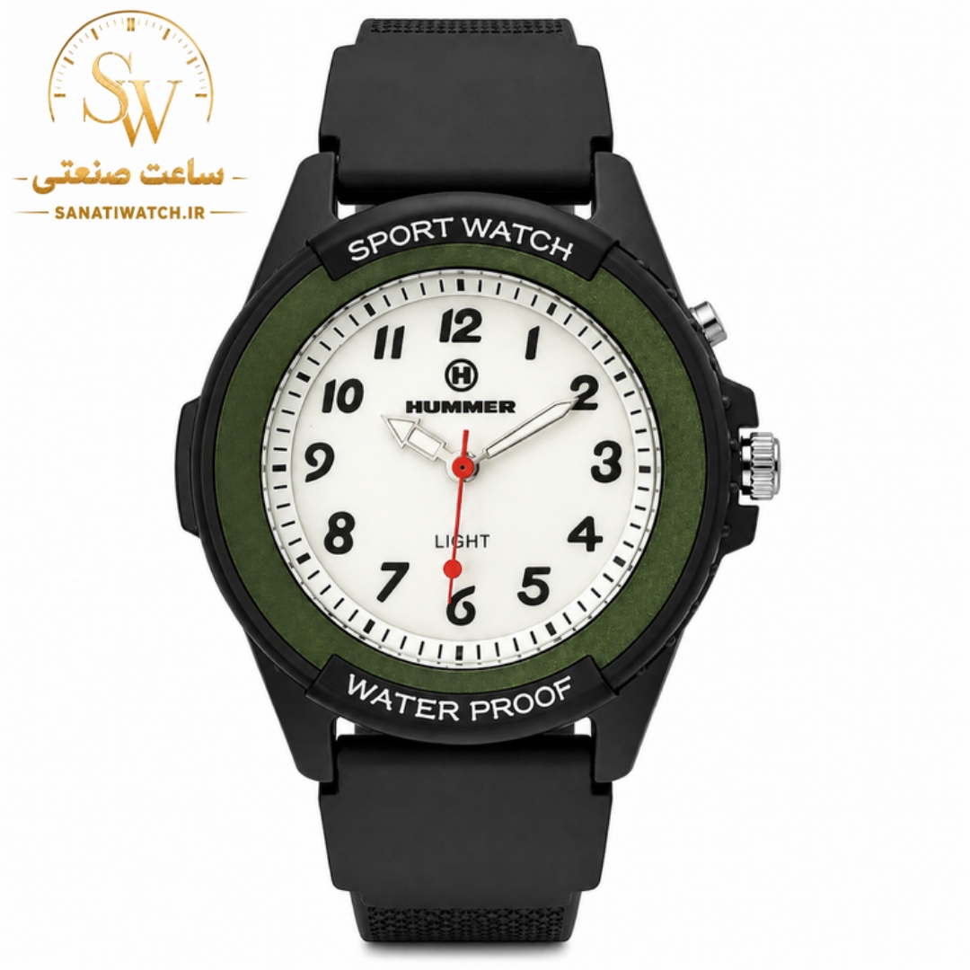 ساعت مچی اسپرت HUMMER هامر چراغدار ضد آب صددرصد بند مشکی قاب سبز مشکی صفحه سفید کد 1106