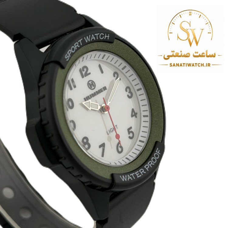 ساعت مچی اسپرت HUMMER هامر چراغدار ضد آب صددرصد بند مشکی قاب سبز مشکی صفحه سفید کد 1106