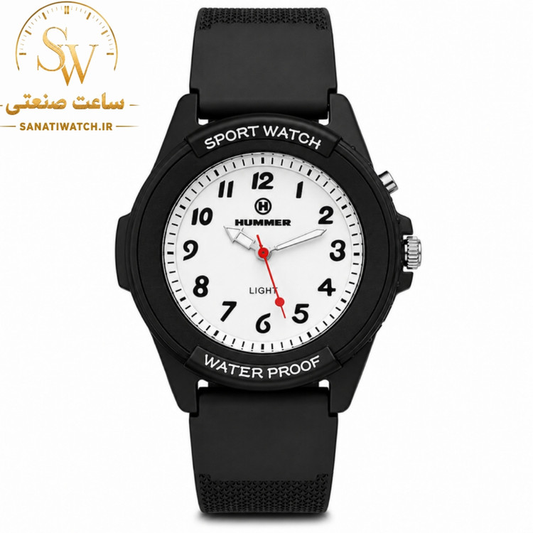 ساعت مچی اسپرت HUMMER هامر چراغدار ضد آب صددرصد بند و قاب مشکی صفحه سفید کد 1106