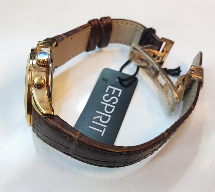 ساعت مچی زنانه ESPRIT اسپریت بند چرمی قهوه ای قفلدار سه موتور فعال فول تایم قاب رزگلد صفحه استیل کد 98306