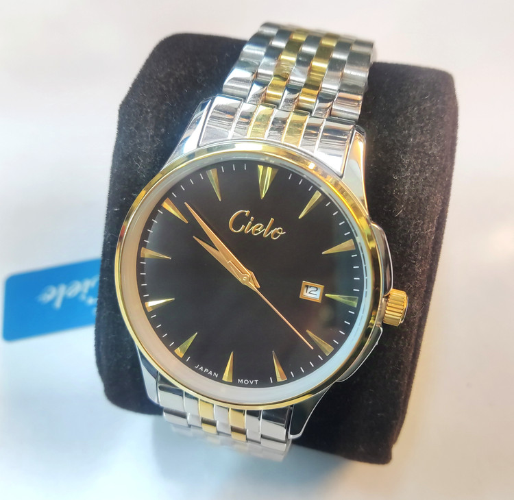 ساعت مچی مردانه CIELO سیلو فلزی کلاسیک قاب و بند طلایی استیل صفحه مشکی کد 1728