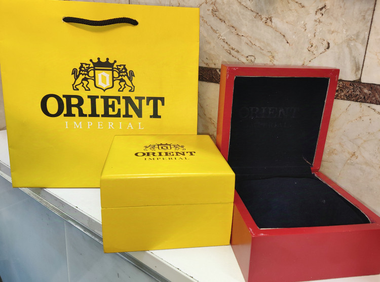 ساعت مچی مردانه ORIENT اورینت فلزی اتوماتیک مکانیکی درب پشت شیشه ای بند و قاب رزگلد صفحه سفید اسکلتون موتور پیدا کد 031