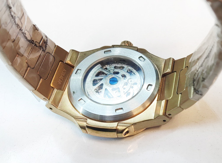 ساعت مچی مردانه PATEK PHILIPPE پتک فیلیپ ناتیلوس فلزی اتوماتیک مکانیکی اسکلتون موتور پیدا درب پشت شیشه ای بند و قاب رزگلد صفحه مشکی کد A38EAP
